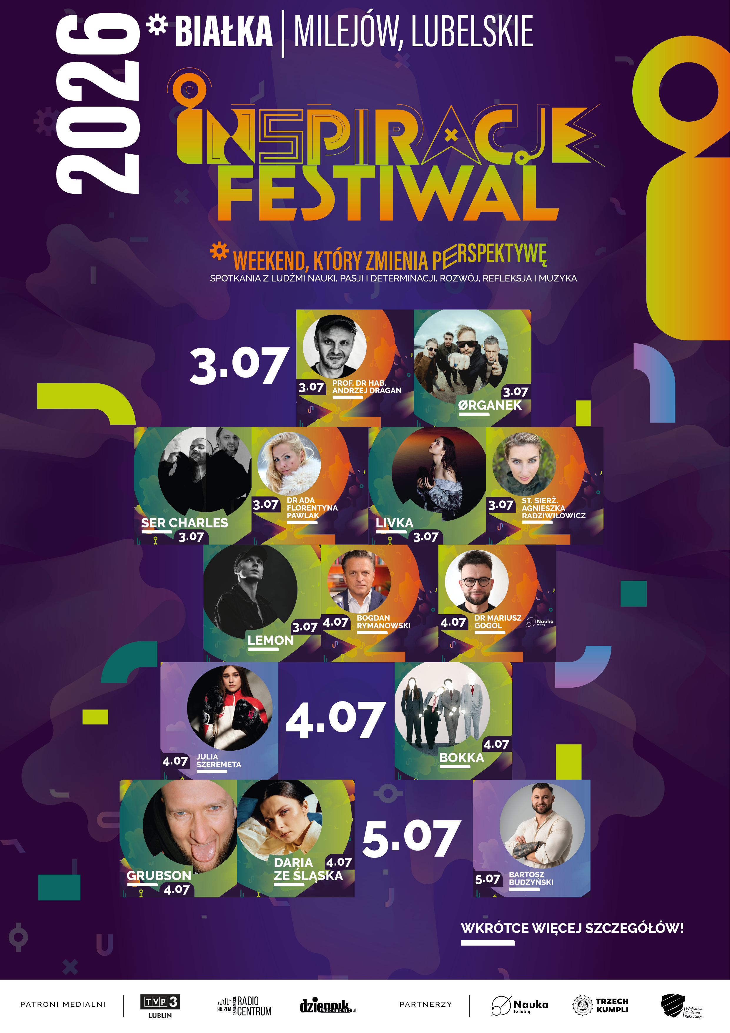 Plakat Inspiracje Festiwal 2026 – lineup artystów i prelegentów z podziałem na dni (3–5 lipca), Białka koło Lublina, koncerty i spotkania inspiracyjne