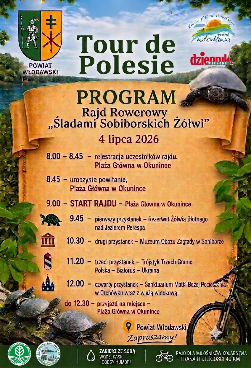 Plakat programu Rajdu Rowerowego „Śladami Sobiborskich Żółwi”, 4 lipca 2026. Zawiera harmonogram startu w Okunince i przystanków na trasie o długości 40 km.