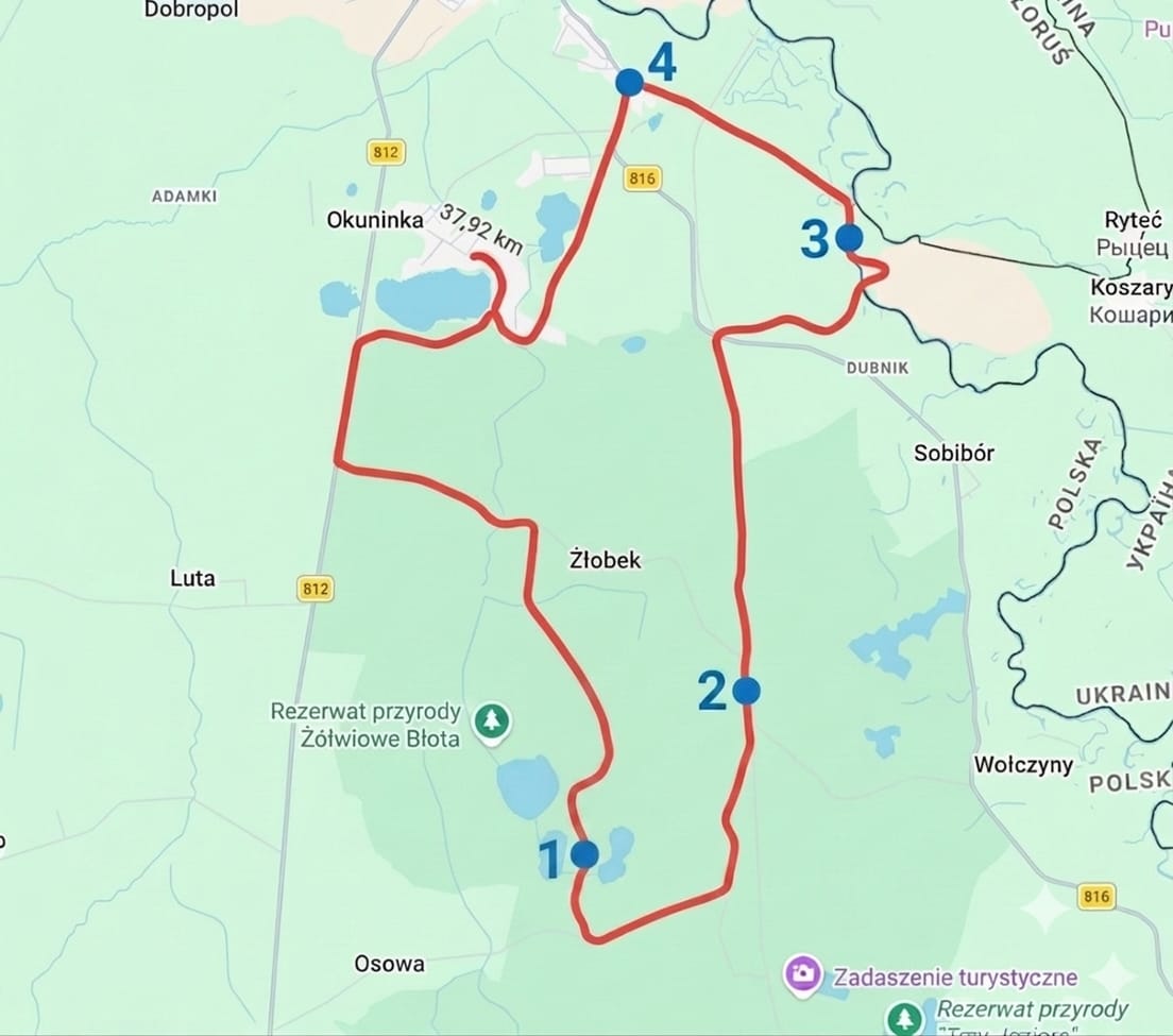 Mapa trasy Rajdu Rowerowego „Śladami Sobiborskich Żółwi” o długości ok. 38 km ze startem i metą w Okunince oraz czterema zaznaczonymi przystankami.