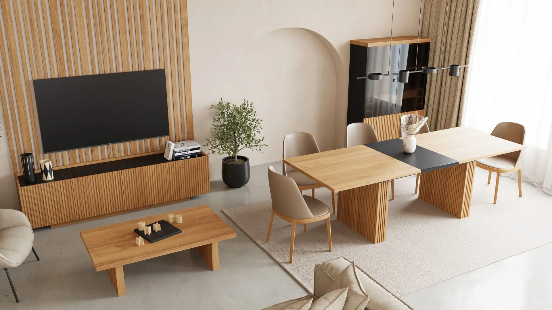 Jasny salon z jadalnią w stylu japandi z dębowymi meblami