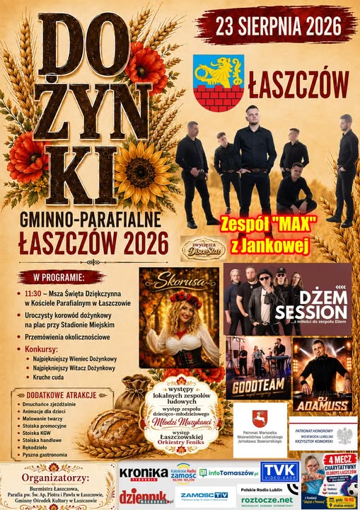 Dożynki Gminno-Parafialne Łaszczów 2026 – plakat wydarzenia 23 sierpnia z koncertami i atrakcjami
