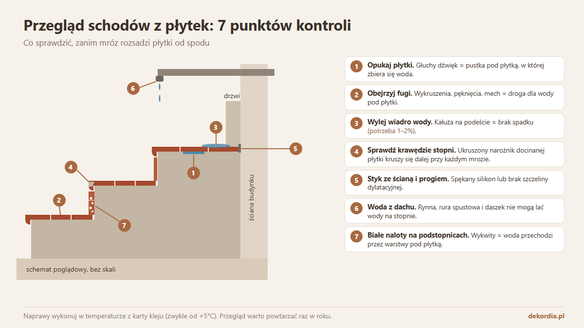 Schemat schodów przed domem z 7 punktami kontroli: opukanie płytek, fugi, spadek, krawędzie stopni, styk ze ścianą, woda z dachu, wykwity